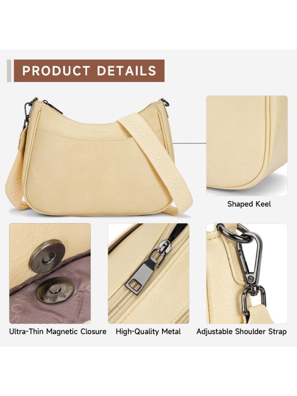 👜Women's Light Yellow Leather Crossbody Purse Shoulder Bag Wide Strap Travel - Picture 4 of 6